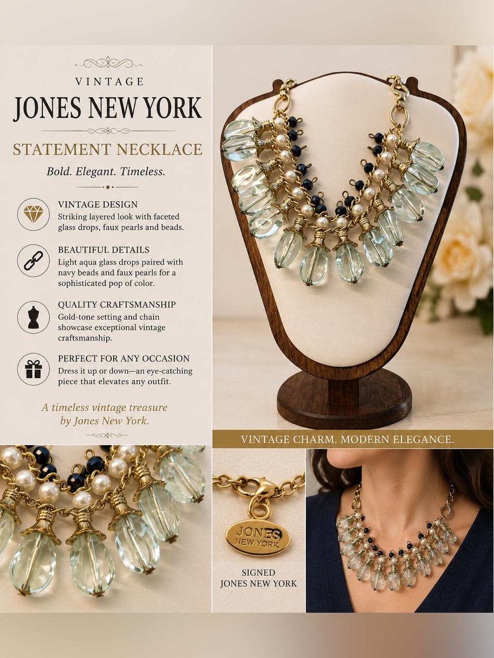 Signed Jones New York Aqua Glass Faux Pearl Statement Necklace Vintage